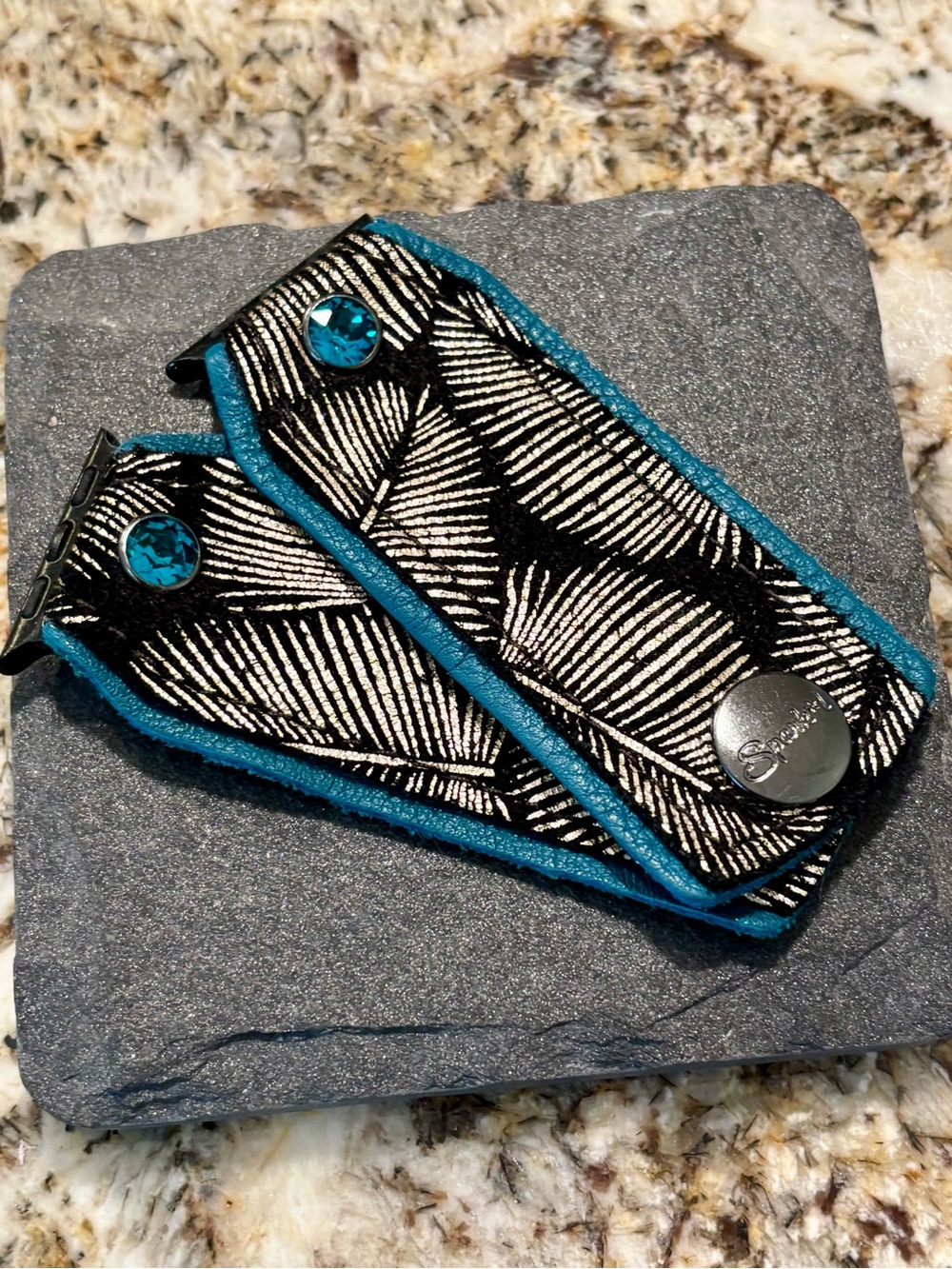 Black & Gold Feather Print Leather Watch Band with Turquoise Trim